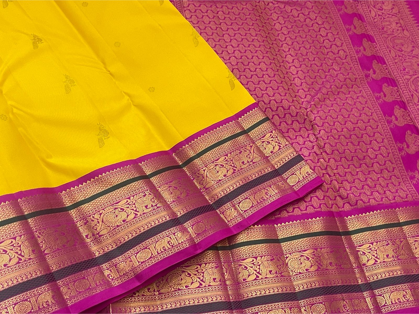 Bright Yellow with Magenta Pink Border Pure Kanchipuram Handloom Bridal Silk Saree